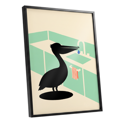 Pelican at the Basin, black, green, beige nature wall art shown as a black framed poster wall art print