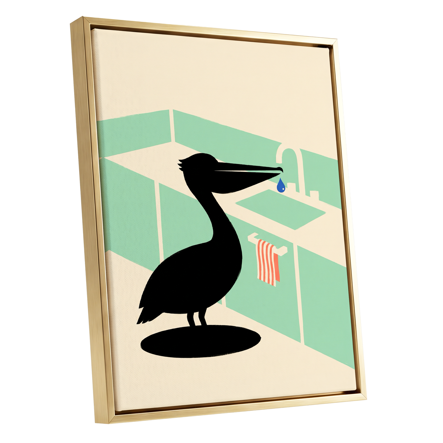 Pelican at the Basin, black, green, beige nature wall art shown as a gold framed canvas wall art