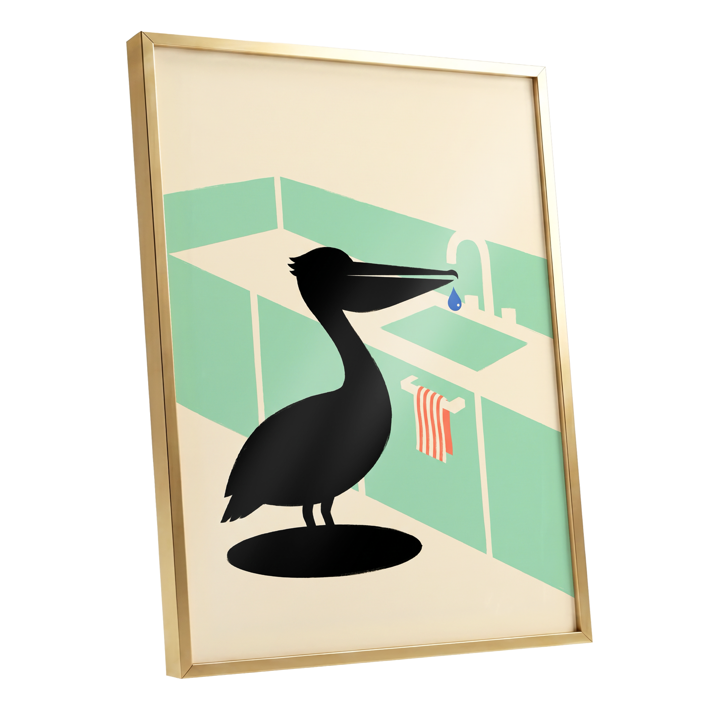 Pelican at the Basin, black, green, beige nature wall art shown as a gold framed poster wall art print