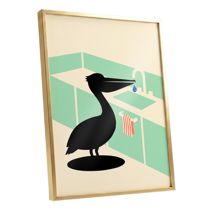 Pelican at the Basin, black, green, beige nature wall art shown as a gold framed poster wall art print