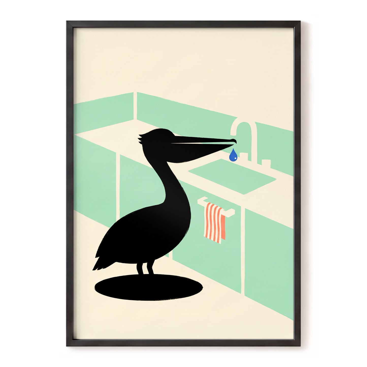 Pelican at the Basin, black, green, beige nature wall art, front artwork view