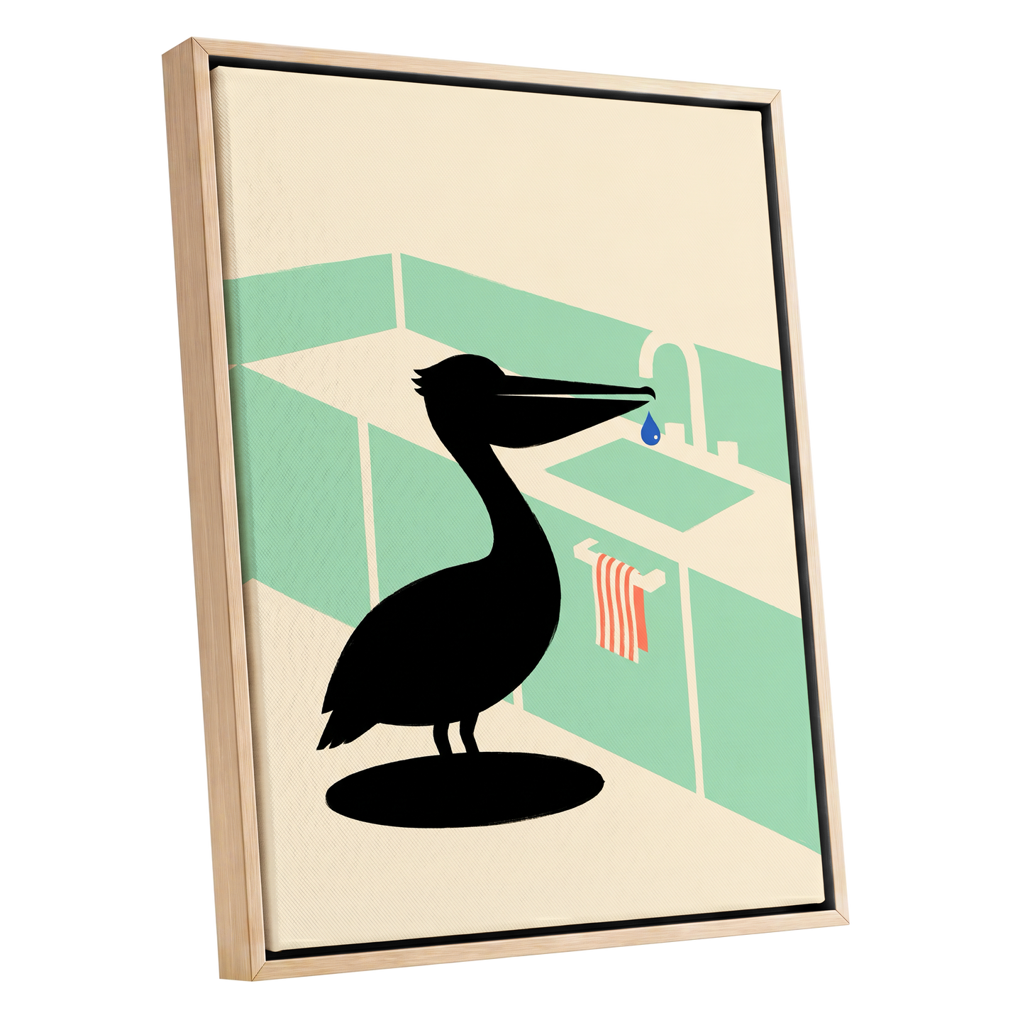 Pelican at the Basin, black, green, beige nature wall art shown as a oak framed canvas wall art