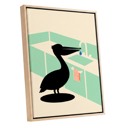 Pelican at the Basin, black, green, beige nature wall art shown as a oak framed canvas wall art