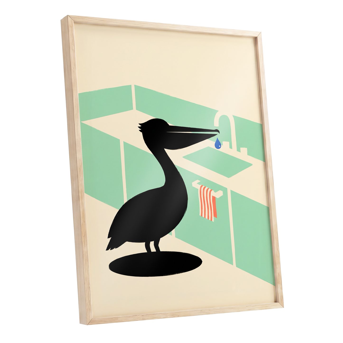 Pelican at the Basin, black, green, beige nature wall art shown as a oak framed poster wall art print