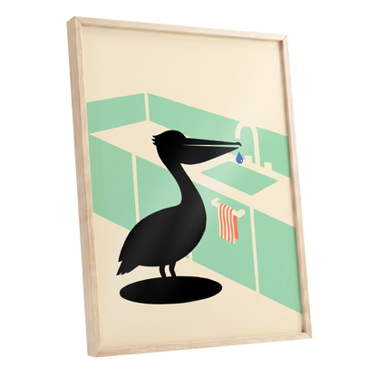 Pelican at the Basin, black, green, beige nature wall art shown as a oak framed poster wall art print