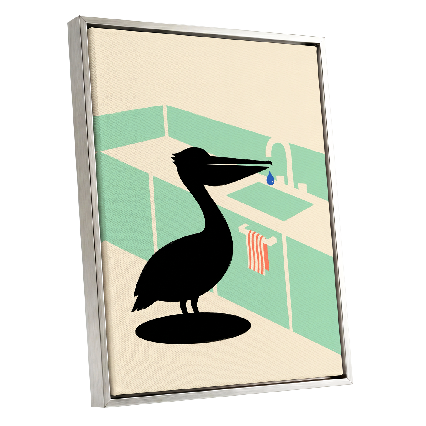 Pelican at the Basin, black, green, beige nature wall art shown as a silver framed canvas wall art