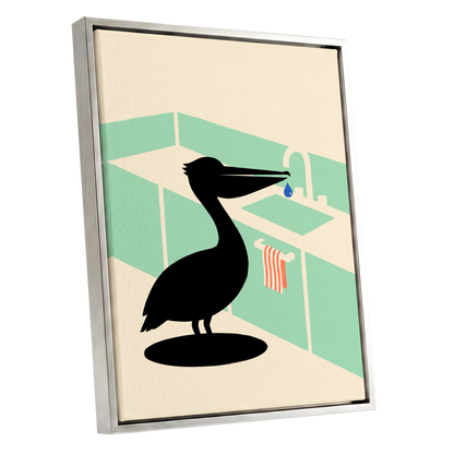 Pelican at the Basin, black, green, beige nature wall art shown as a silver framed canvas wall art