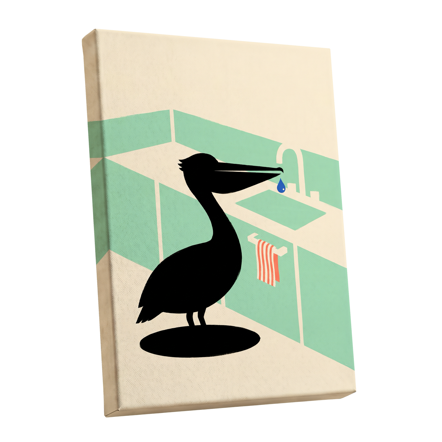 Pelican at the Basin, black, green, beige nature wall art shown as a stretched canvas wall art