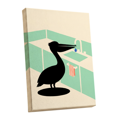 Pelican at the Basin, black, green, beige nature wall art shown as a stretched canvas wall art