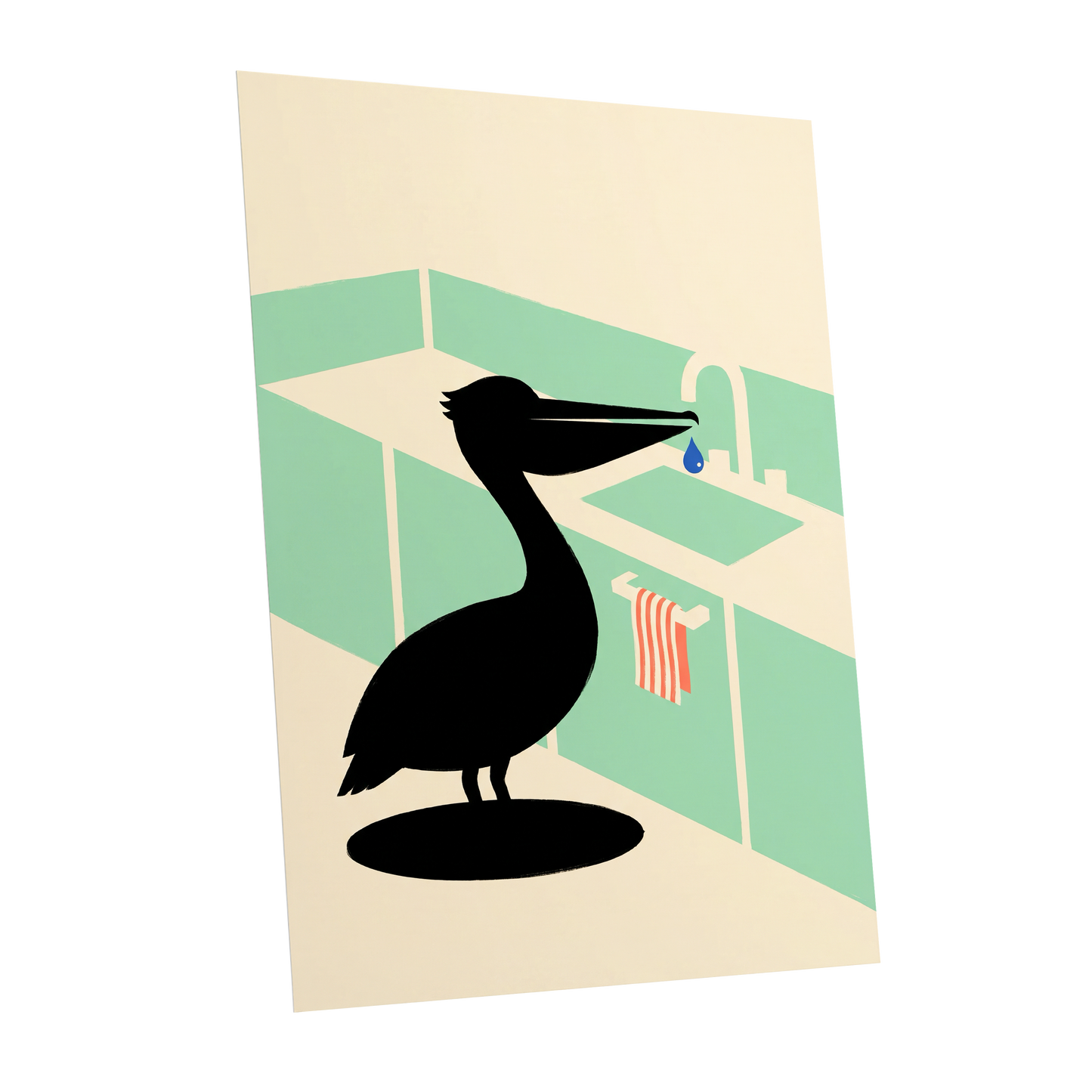 Pelican at the Basin, black, green, beige nature wall art shown as a unframed poster wall art print