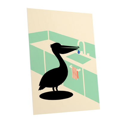 Pelican at the Basin, black, green, beige nature wall art shown as a unframed poster wall art print