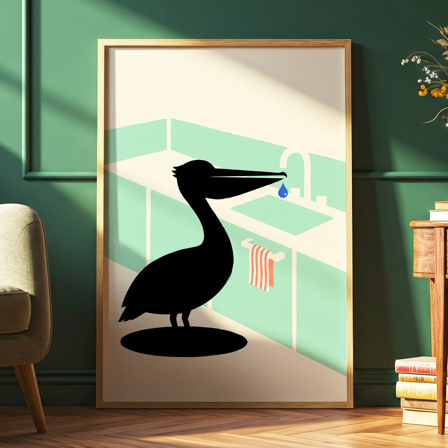 Pelican at the Basin, black, green, beige nature wall art displayed in a styled interior, gallery view 2