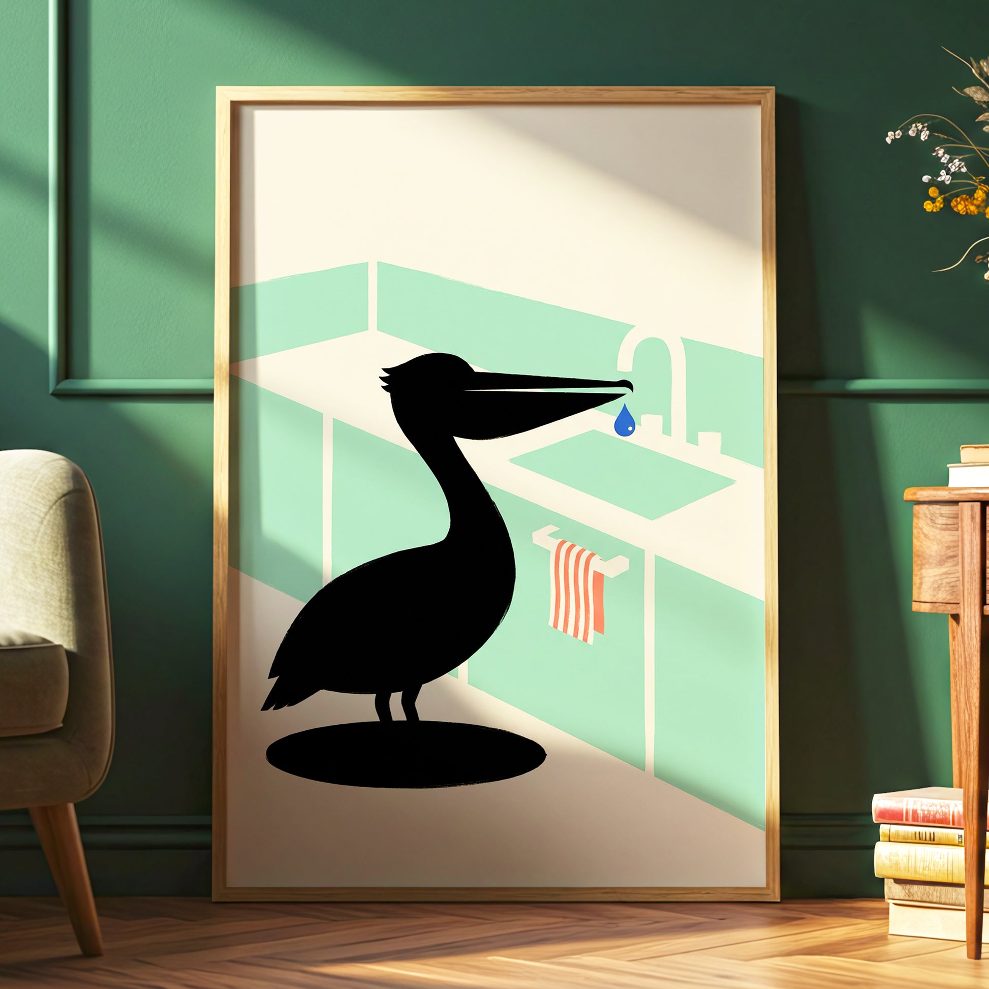 Pelican at the Basin, black, green, beige nature wall art displayed in a styled interior, gallery view 2