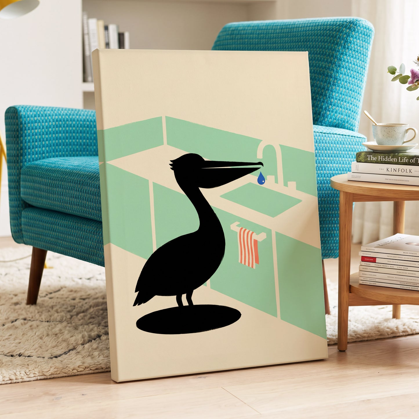 Pelican at the Basin, black, green, beige nature wall art displayed in a styled interior, gallery view 3