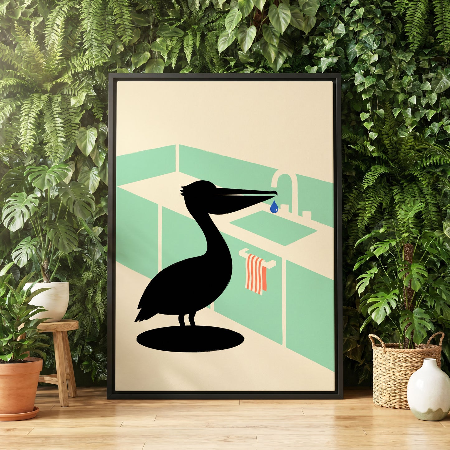 Pelican at the Basin, black, green, beige nature wall art displayed in a styled interior, gallery view 4