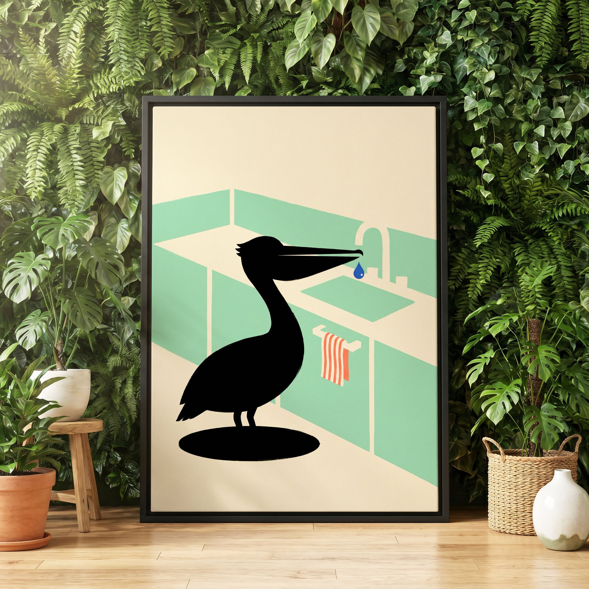 Pelican at the Basin, black, green, beige nature wall art displayed in a styled interior, gallery view 4