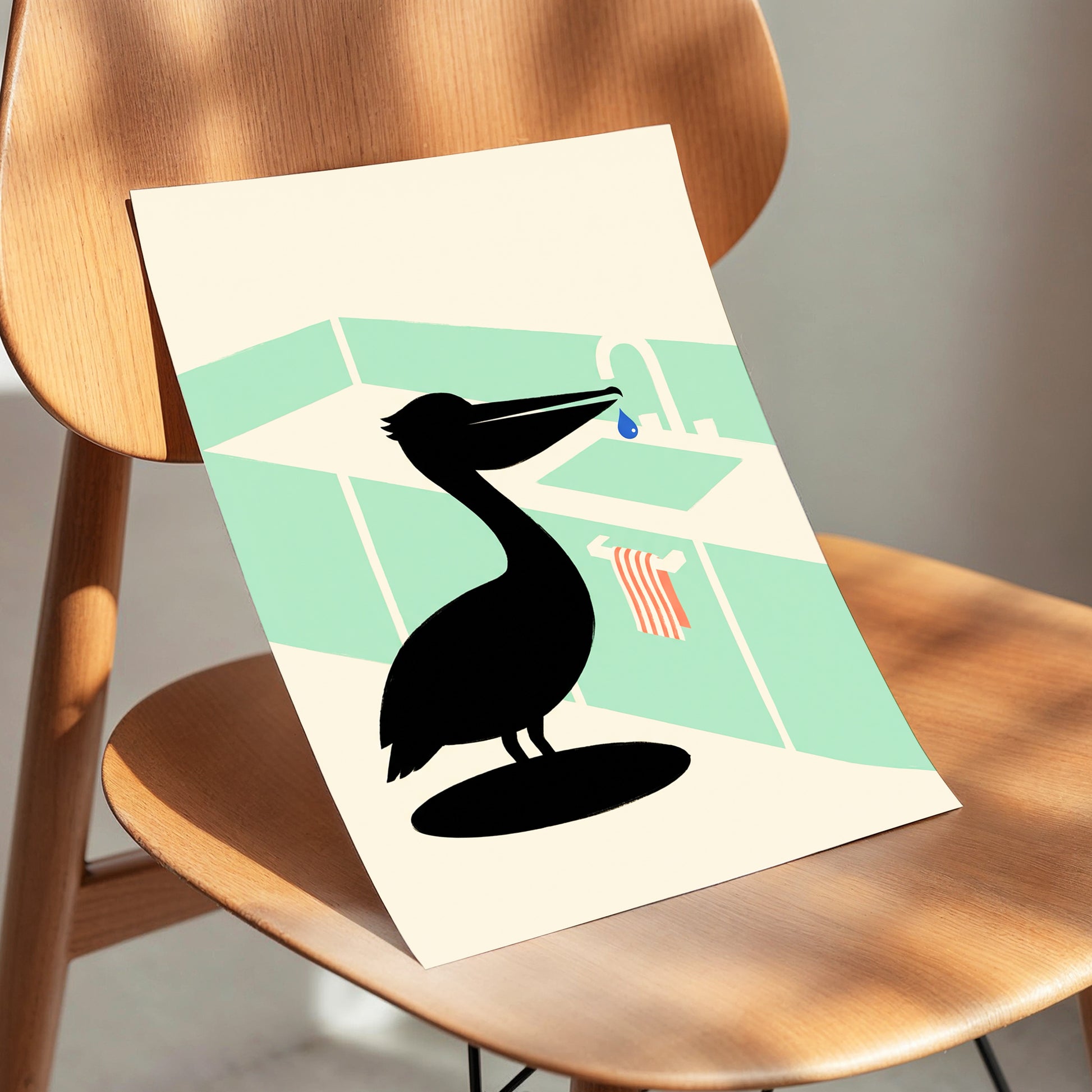 Pelican at the Basin, black, green, beige nature wall art displayed in a styled interior, gallery view 5