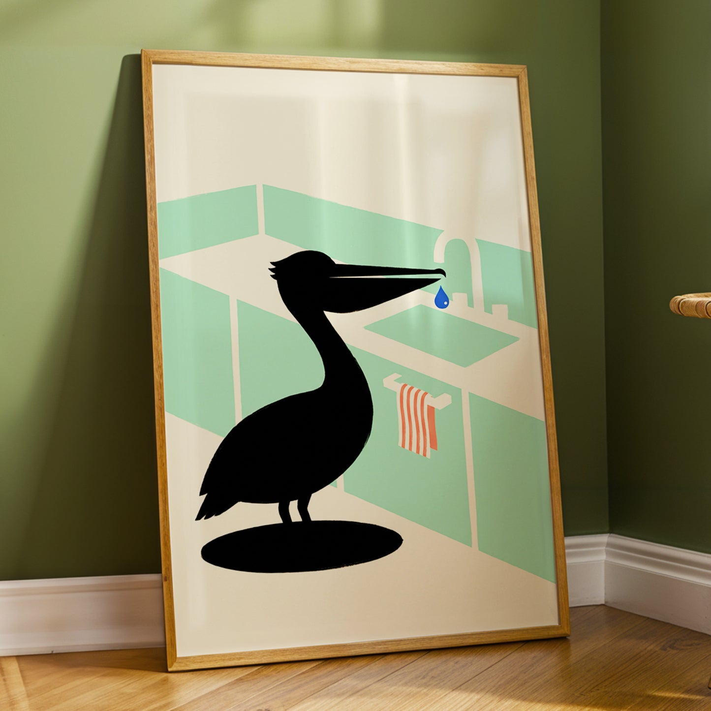 Pelican at the Basin, black, green, beige nature wall art displayed in a styled interior, gallery view 6