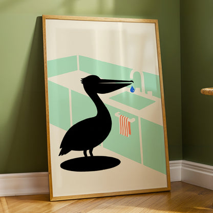 Pelican at the Basin, black, green, beige nature wall art displayed in a styled interior, gallery view 6