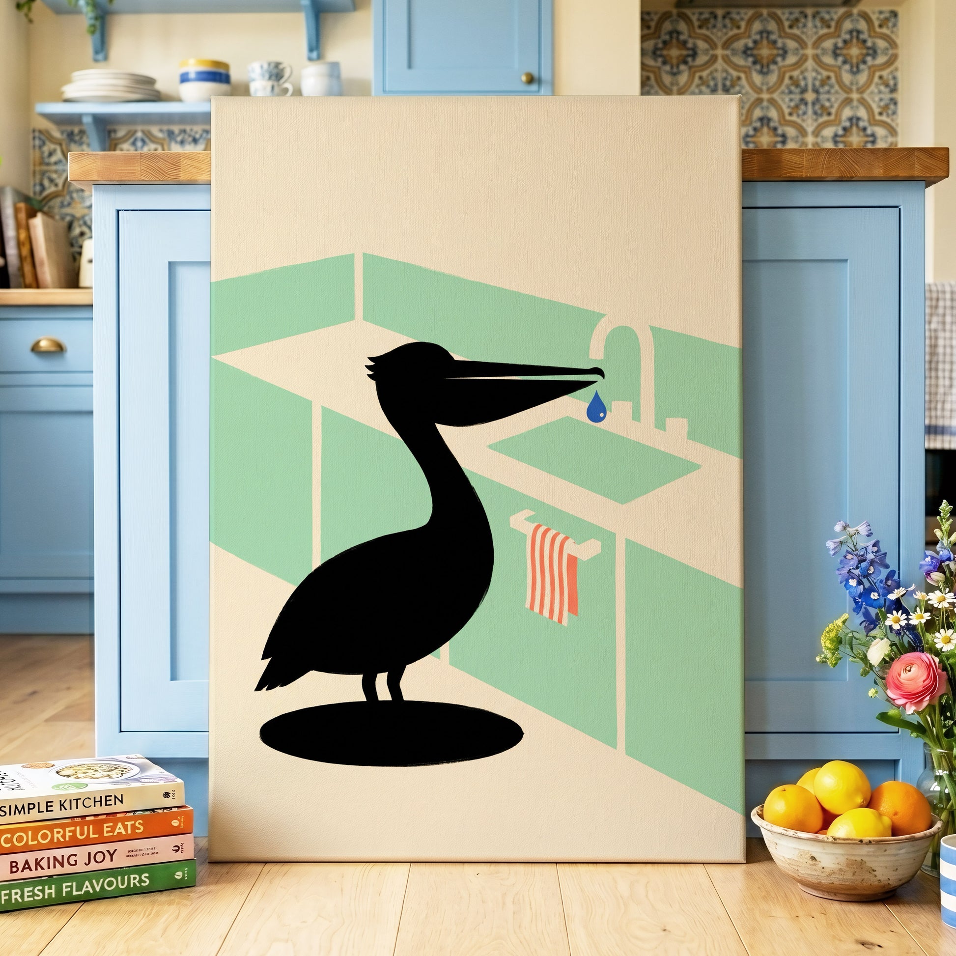 Pelican at the Basin, black, green, beige nature wall art displayed in a styled interior, gallery view 7
