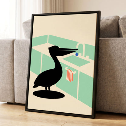 Pelican at the Basin, black, green, beige nature wall art displayed in a styled interior, gallery view 8