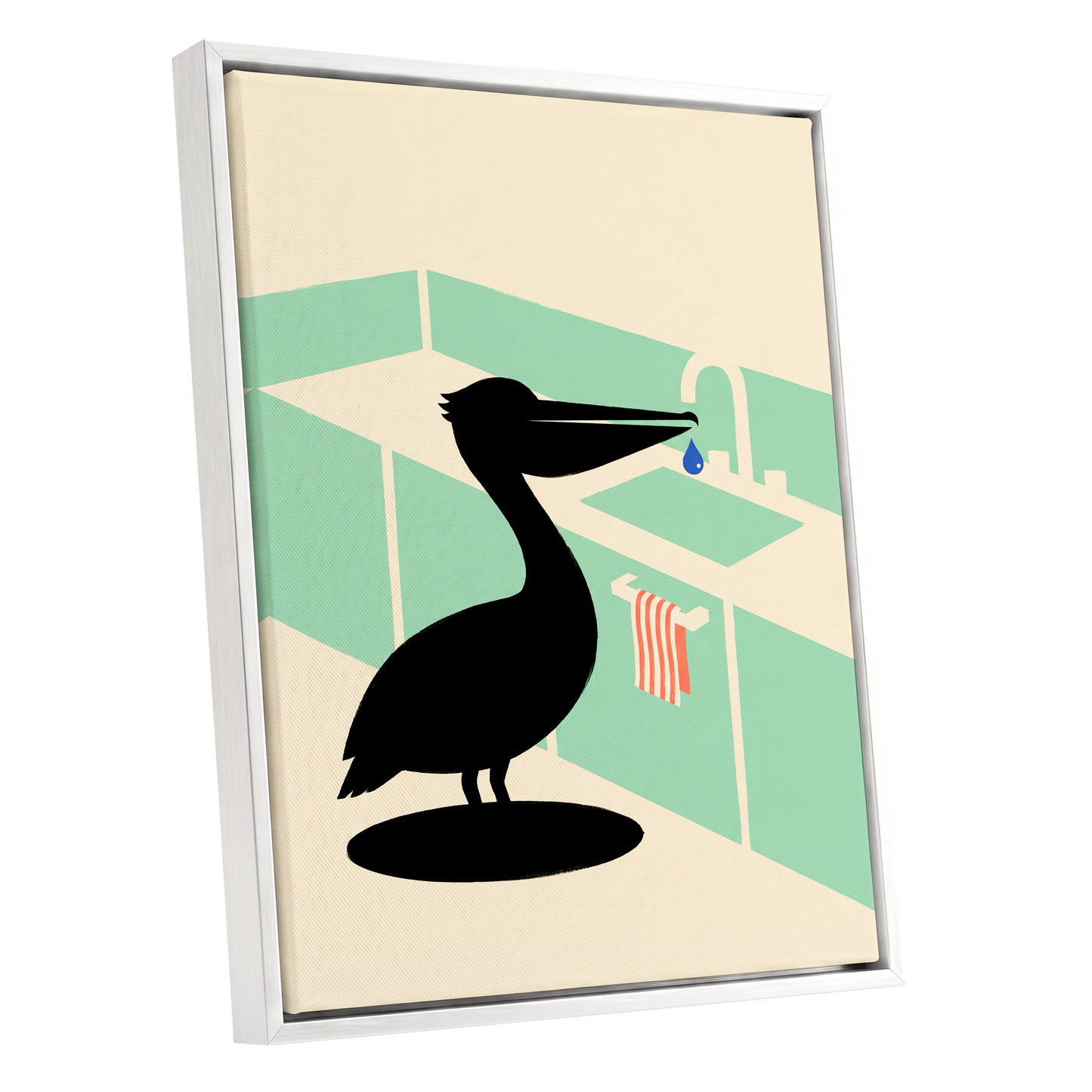 Pelican at the Basin, black, green, beige nature wall art shown as a white framed canvas wall art