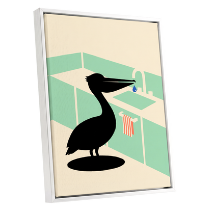 Pelican at the Basin, black, green, beige nature wall art shown as a white framed canvas wall art
