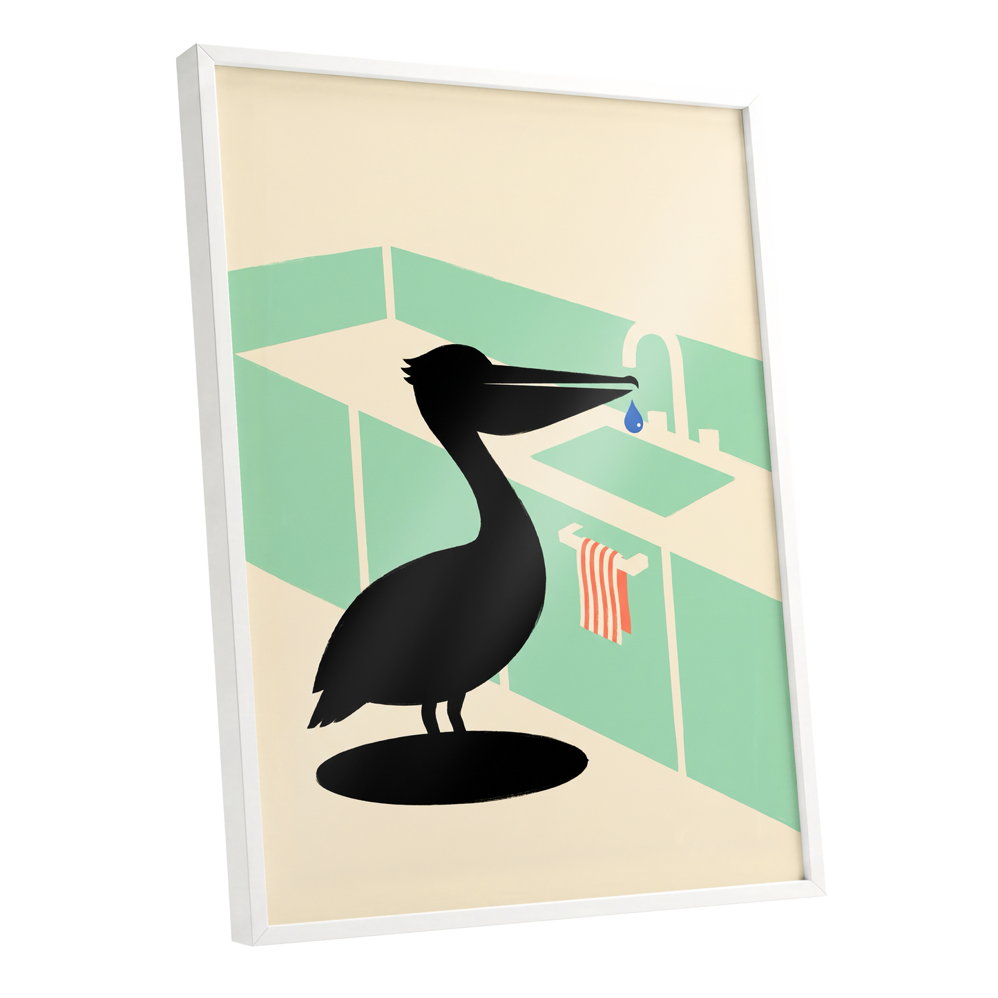 Pelican at the Basin, black, green, beige nature wall art shown as a white framed poster wall art print