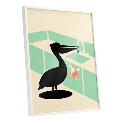 Pelican at the Basin, black, green, beige nature wall art shown as a white framed poster wall art print