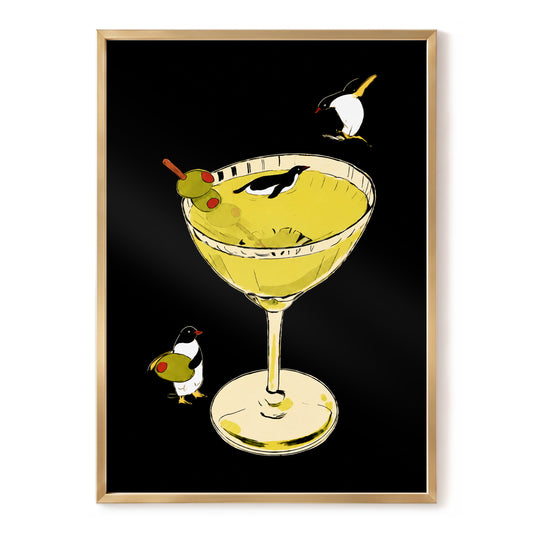 Penguin Cocktail Hour, black, yellow, green minimalist wall art, front artwork view