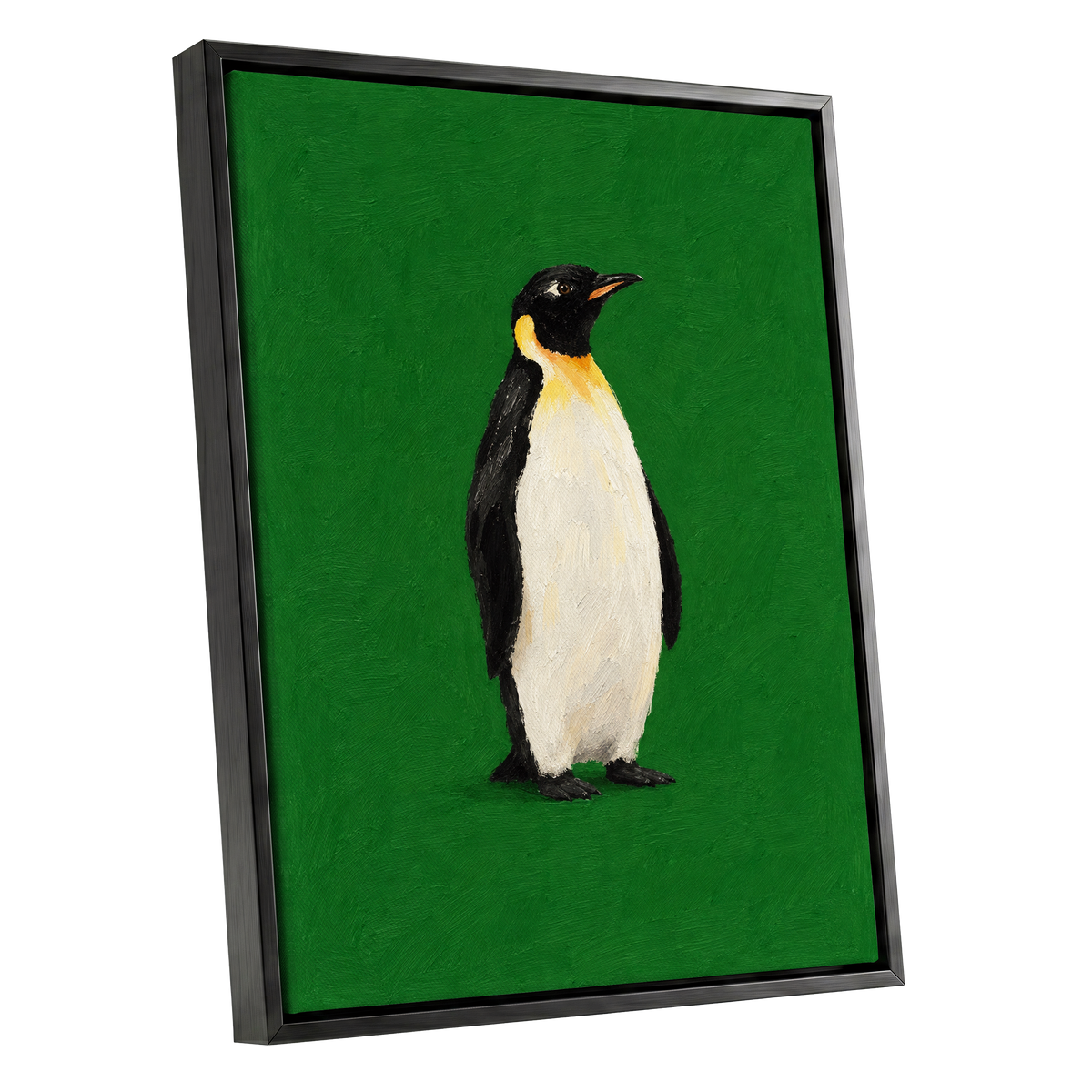 Penguin in Emerald, green, black, white nature wall art shown as a black framed canvas wall art
