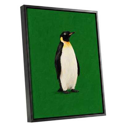 Penguin in Emerald, green, black, white nature wall art shown as a black framed canvas wall art