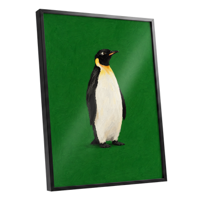 Penguin in Emerald, green, black, white nature wall art shown as a black framed poster wall art print