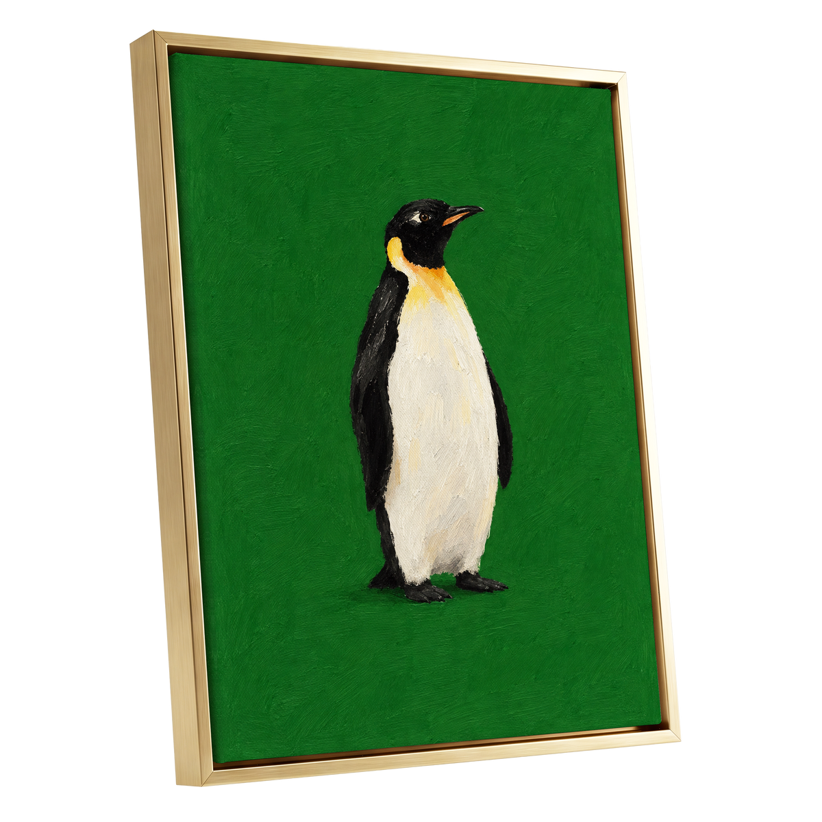 Penguin in Emerald, green, black, white nature wall art shown as a gold framed canvas wall art