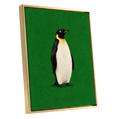 Penguin in Emerald, green, black, white nature wall art shown as a gold framed canvas wall art
