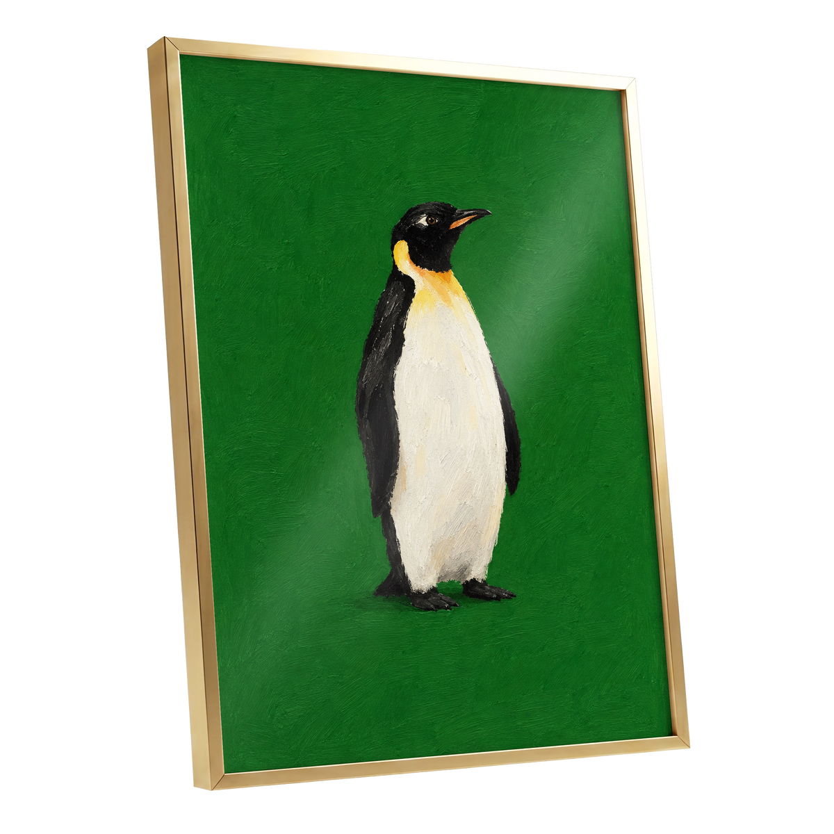 Penguin in Emerald, green, black, white nature wall art shown as a gold framed poster wall art print