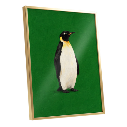 Penguin in Emerald, green, black, white nature wall art shown as a gold framed poster wall art print