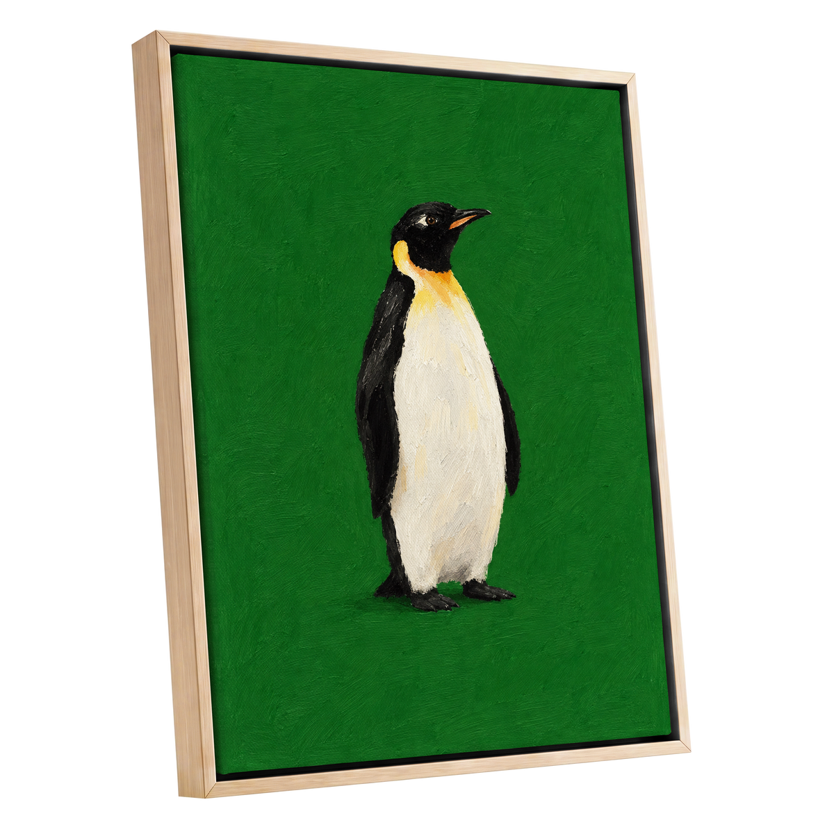 Penguin in Emerald, green, black, white nature wall art shown as a oak framed canvas wall art