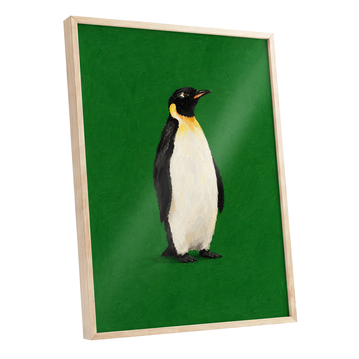 Penguin in Emerald, green, black, white nature wall art shown as a oak framed poster wall art print