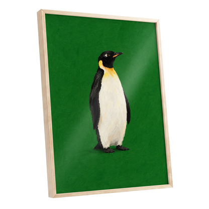 Penguin in Emerald, green, black, white nature wall art shown as a oak framed poster wall art print