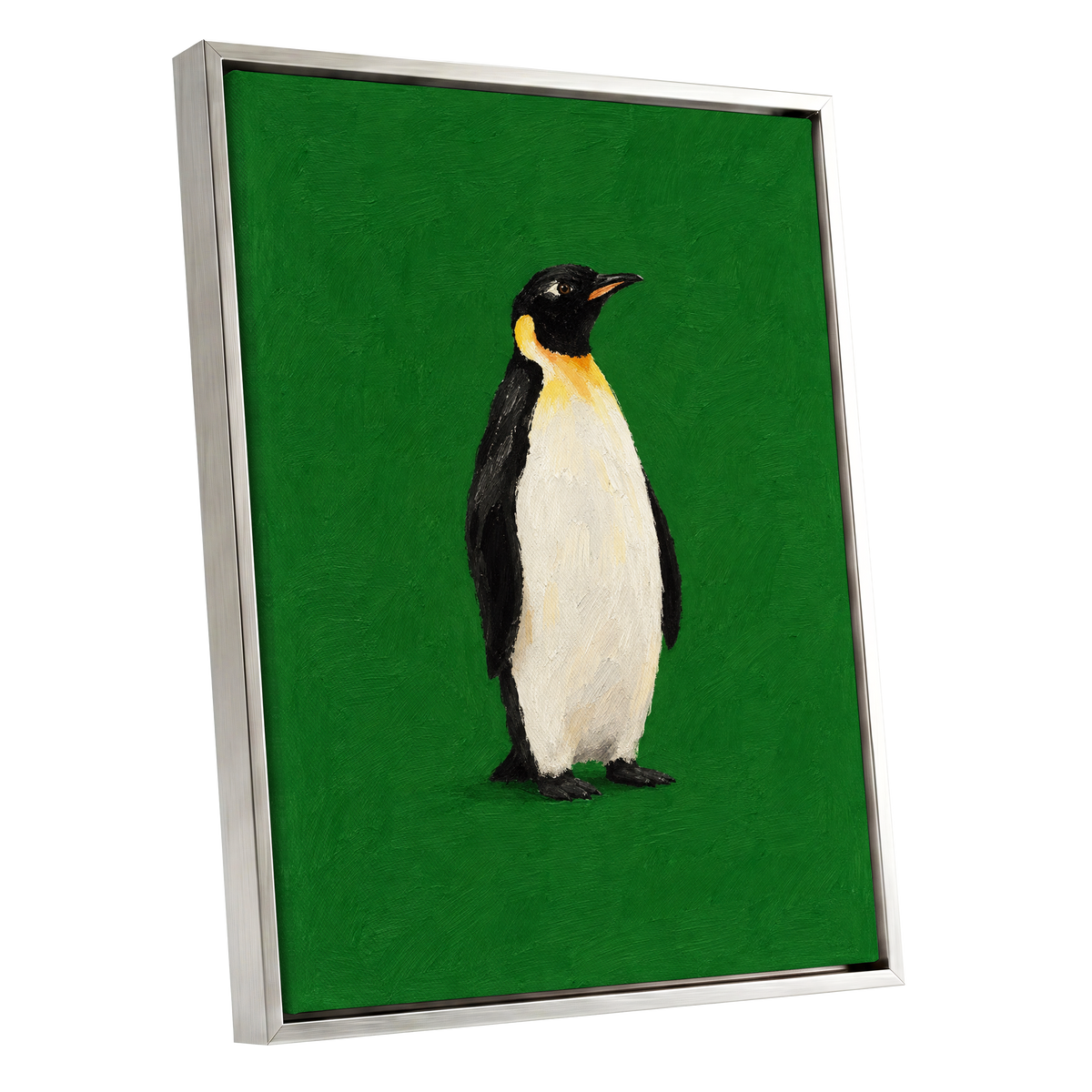 Penguin in Emerald, green, black, white nature wall art shown as a silver framed canvas wall art