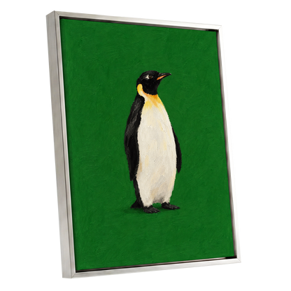 Penguin in Emerald, green, black, white nature wall art shown as a silver framed canvas wall art
