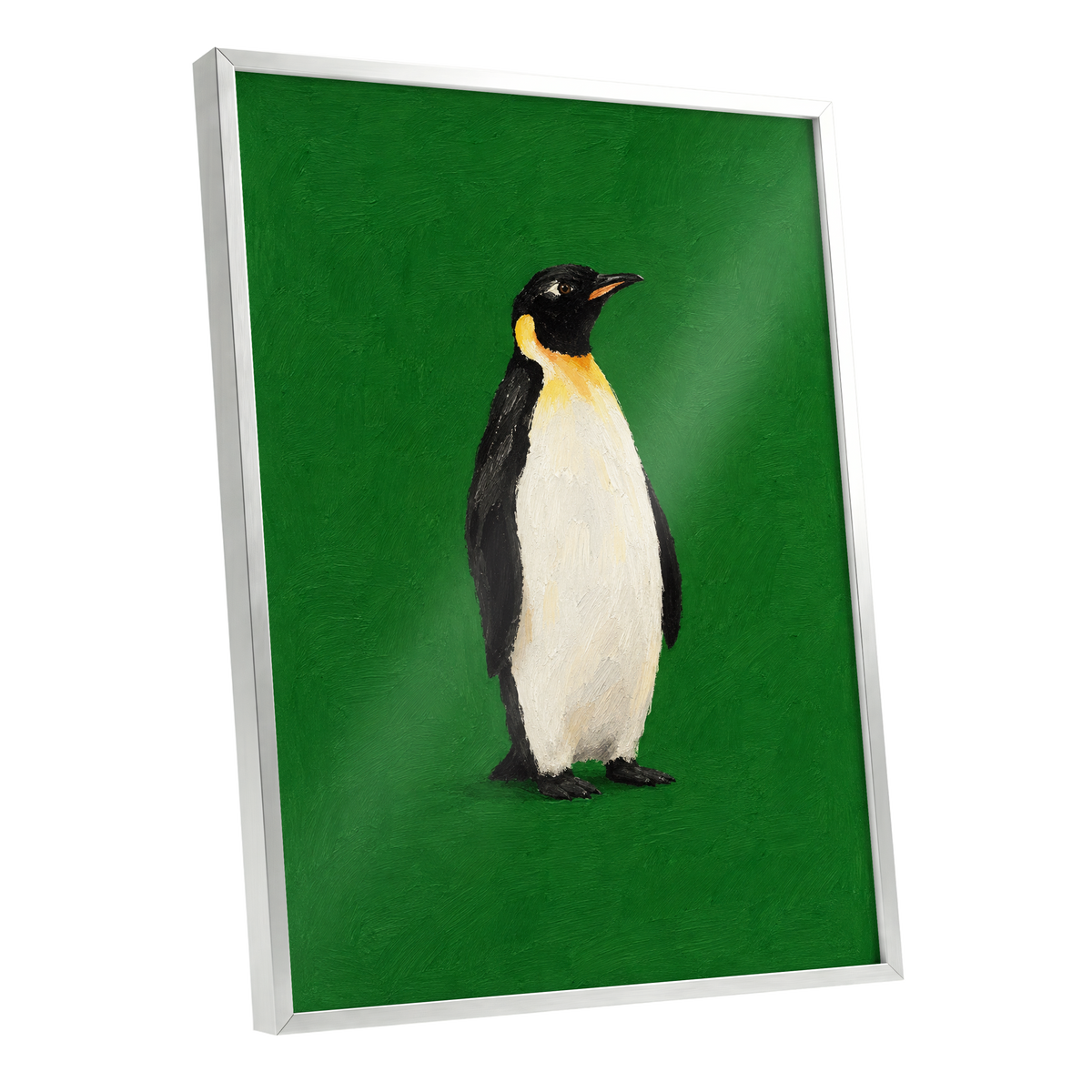 Penguin in Emerald, green, black, white nature wall art shown as a silver framed poster wall art print