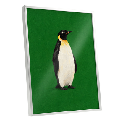 Penguin in Emerald, green, black, white nature wall art shown as a silver framed poster wall art print