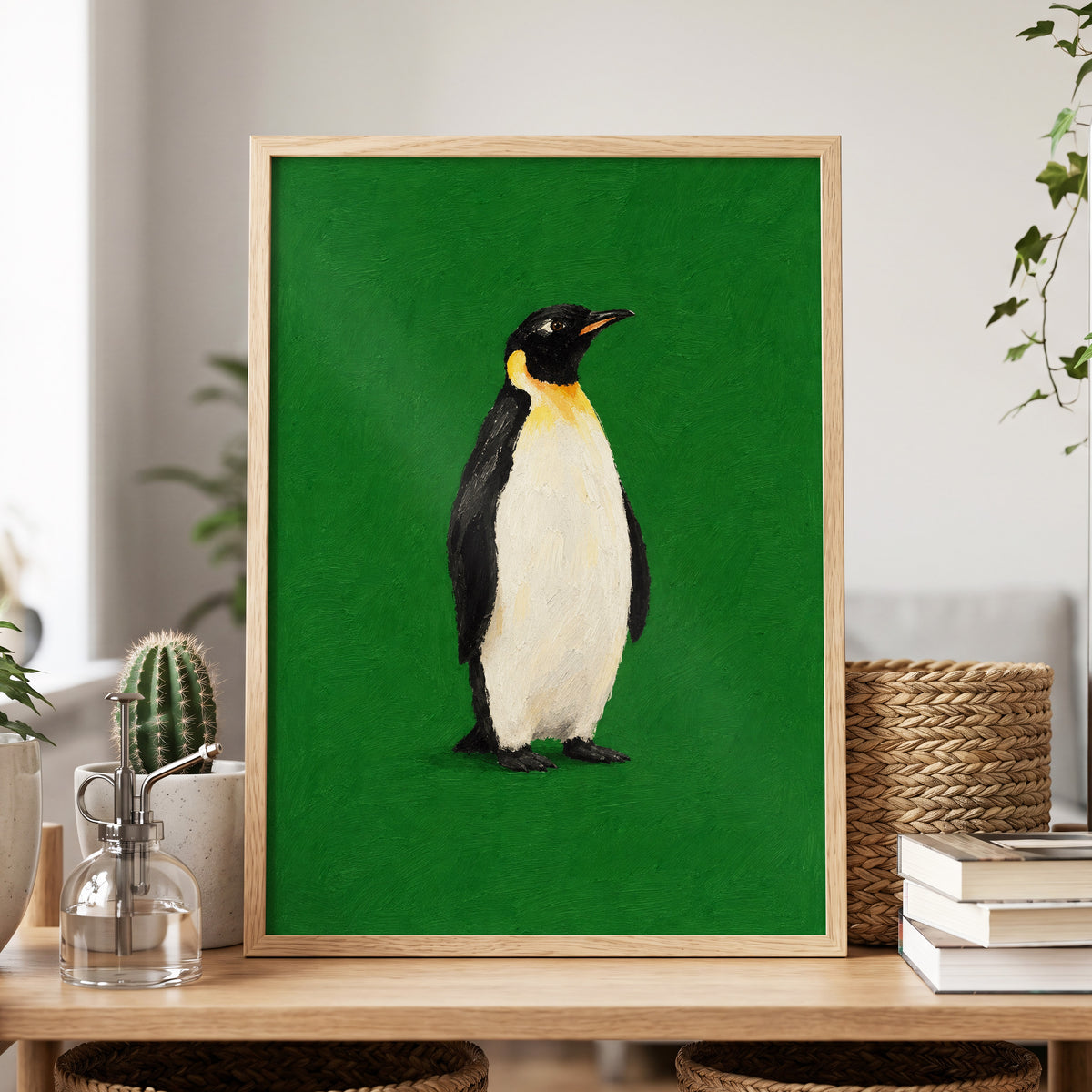 Penguin in Emerald, green, black, white nature wall art displayed in a styled interior, gallery view 2