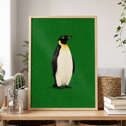 Penguin in Emerald, green, black, white nature wall art displayed in a styled interior, gallery view 2