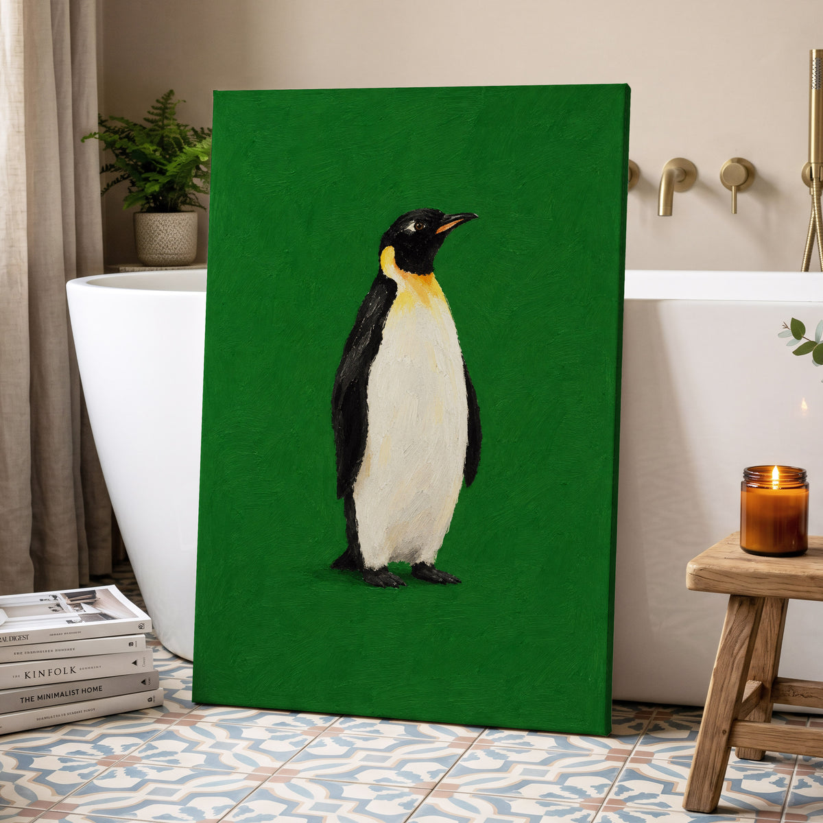 Penguin in Emerald, green, black, white nature wall art displayed in a styled interior, gallery view 3