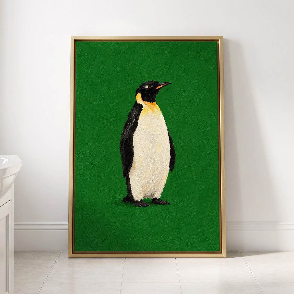 Penguin in Emerald, green, black, white nature wall art displayed in a styled interior, gallery view 4