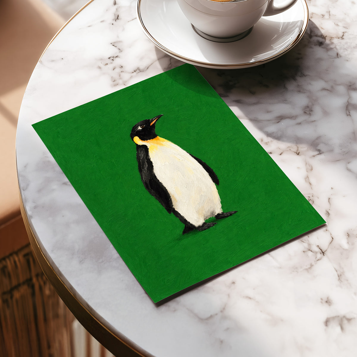 Penguin in Emerald, green, black, white nature wall art displayed in a styled interior, gallery view 5