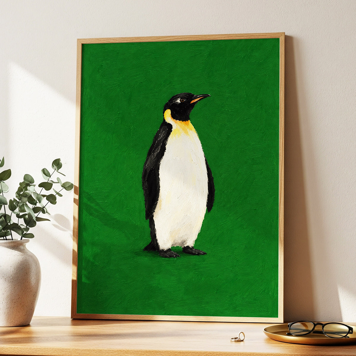 Penguin in Emerald, green, black, white nature wall art displayed in a styled interior, gallery view 6